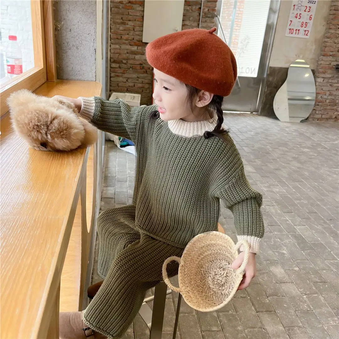 Girls pulóver szett 2023 ősz A női kincs kötött felső széles szárú nadrág kétrészes szett új koreai változata - 2