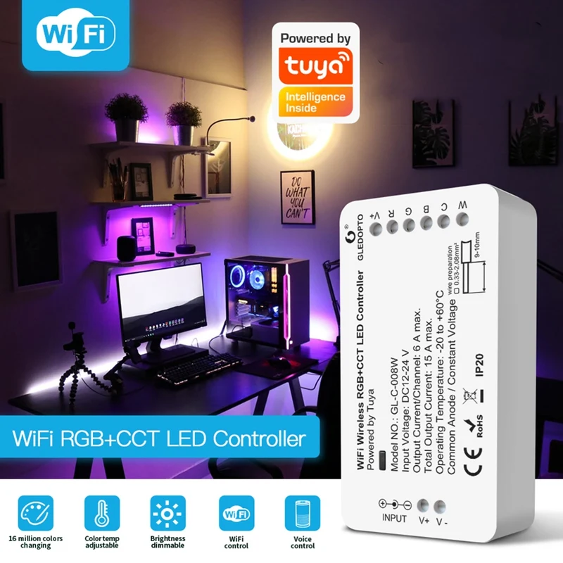 GLEDOPTO Wifi LED vezérlő RGBCCT Tuya Smart Life App Control RGB meleg hideg fehér szabályozható szalagfényhez (nincs szükség hubra) - 4