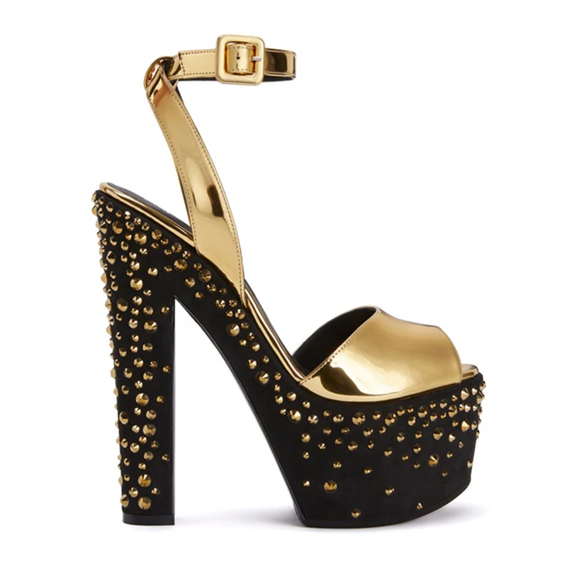 Gold Crystal Stud Platform Block Heel Sandals Women Strappy Gold Peep Toe Sandalias Strassz Chunky Heel Stage Dance Shoes - 0