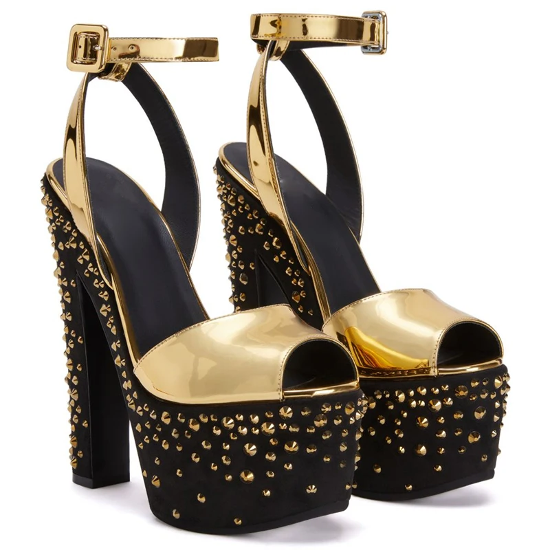Gold Crystal Stud Platform Block Heel Sandals Women Strappy Gold Peep Toe Sandalias Strassz Chunky Heel Stage Dance Shoes - 3