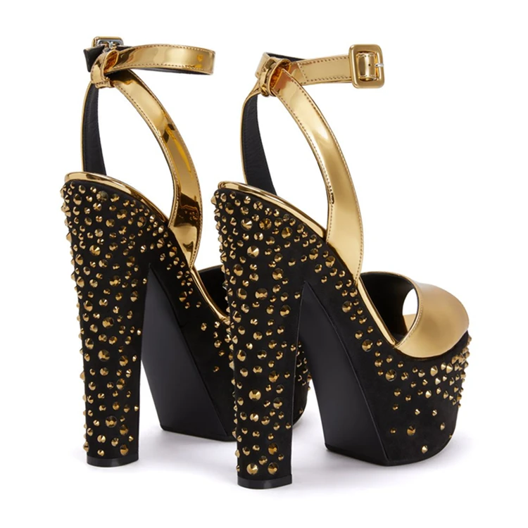 Gold Crystal Stud Platform Block Heel Sandals Women Strappy Gold Peep Toe Sandalias Strassz Chunky Heel Stage Dance Shoes - 4
