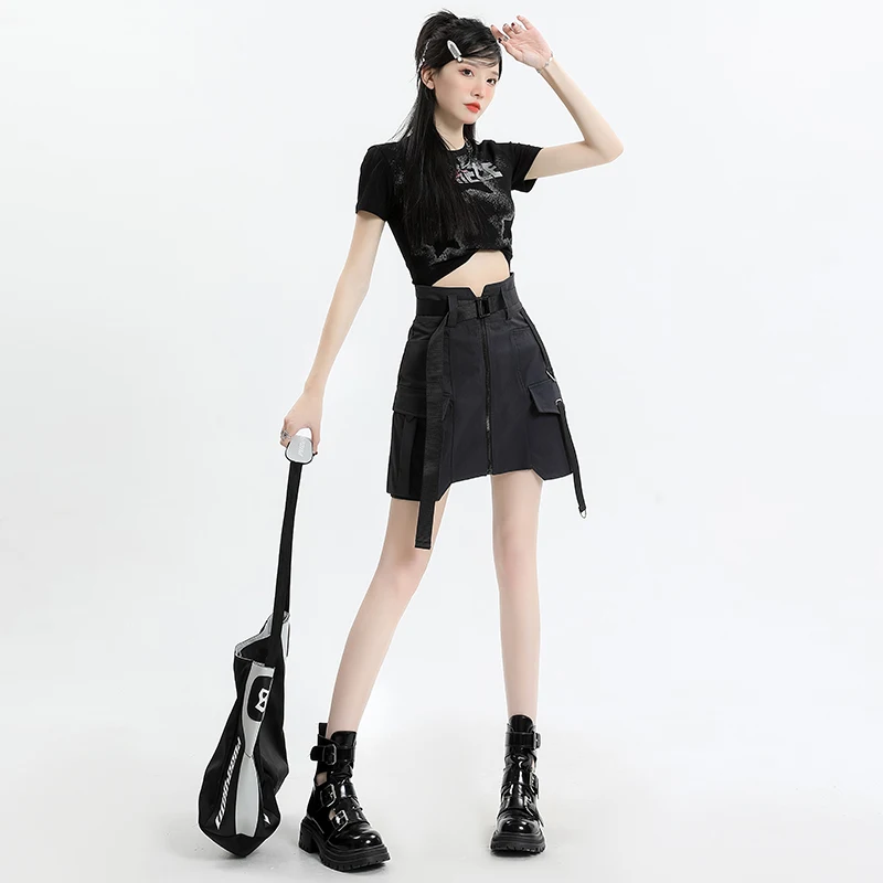 Goth Cagro Mini Szoknya Nők Nyári Y2k Magas derékú kockás A-vonalú fekete szoknya övvel Cool Girl cipzáras Egyrészes Faldas Mujer - 3