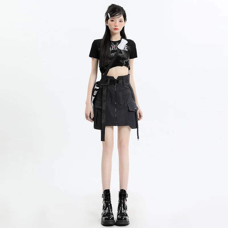 Goth Cagro Mini Szoknya Nők Nyári Y2k Magas derékú kockás A-vonalú fekete szoknya övvel Cool Girl cipzáras Egyrészes Faldas Mujer - 5