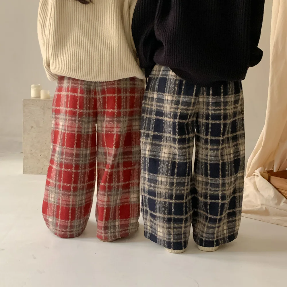 Gyermek nadrág 2023 Téli fiúk és lányok Koreai gyapjú kockás egyenes szárú nadrág Gyermekek vastag alkalmi széles szárú kockás nadrág - 1