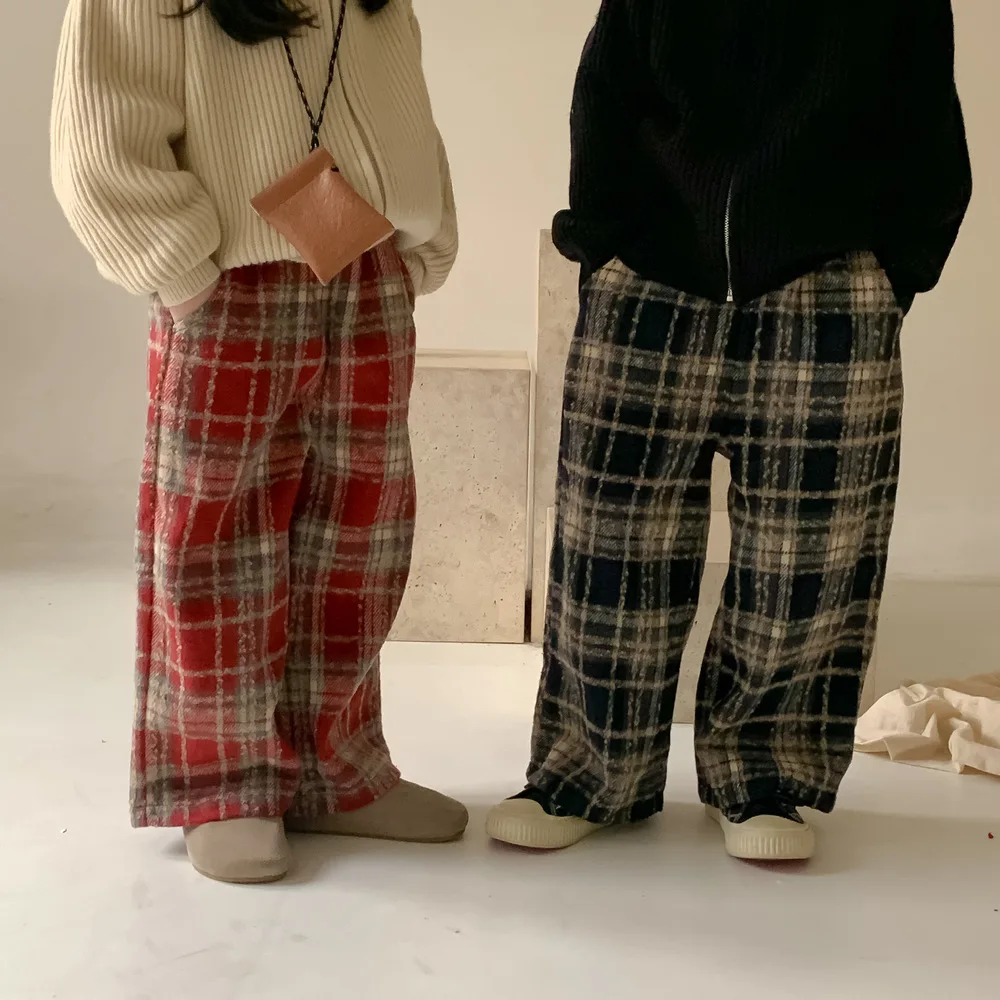 Gyermek nadrág 2023 Téli fiúk és lányok Koreai gyapjú kockás egyenes szárú nadrág Gyermekek vastag alkalmi széles szárú kockás nadrág - 2