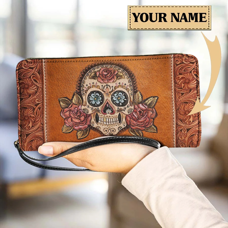 Gótikus koponya virágmintás PU bőr pénztárca női hosszú pénztárcák Női pénztárcák kártyatartóval Pénztáskák Útlevéltartók - 1