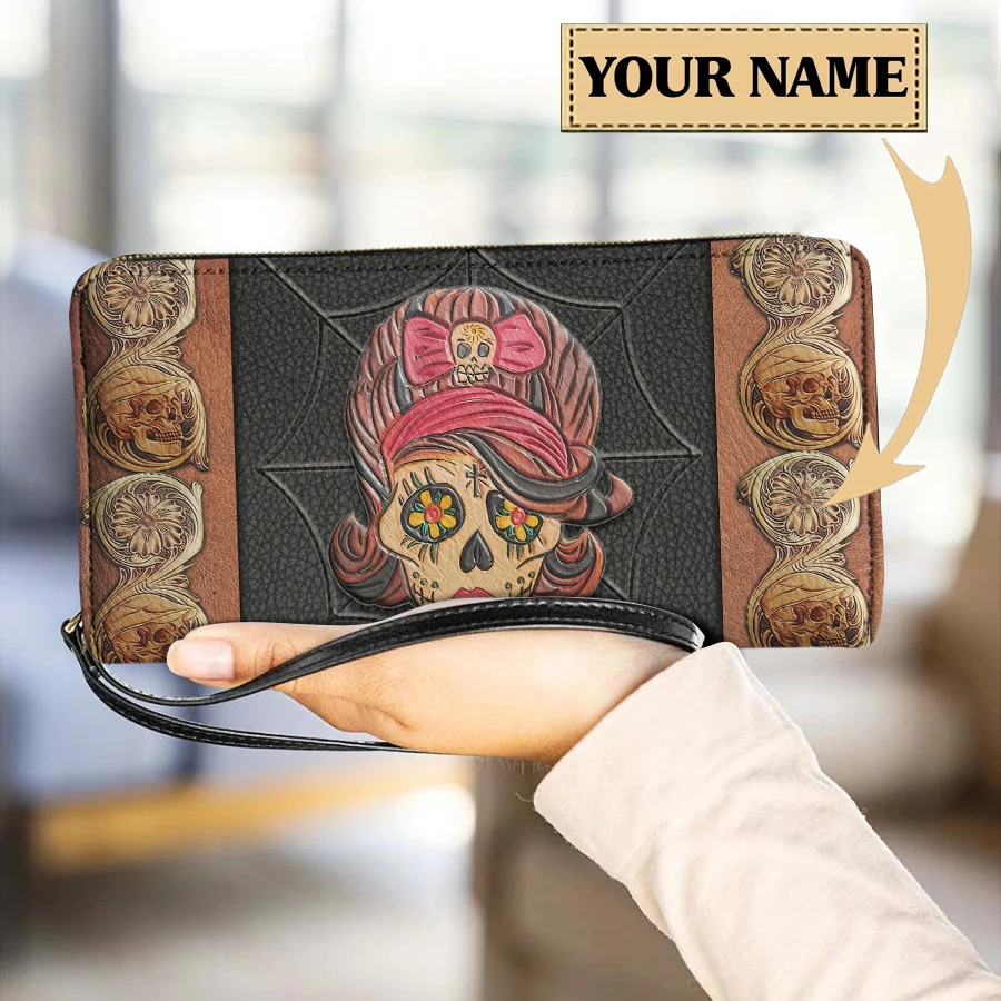 Gótikus koponya virágmintás PU bőr pénztárca női hosszú pénztárcák Női pénztárcák kártyatartóval Pénztáskák Útlevéltartók - 2