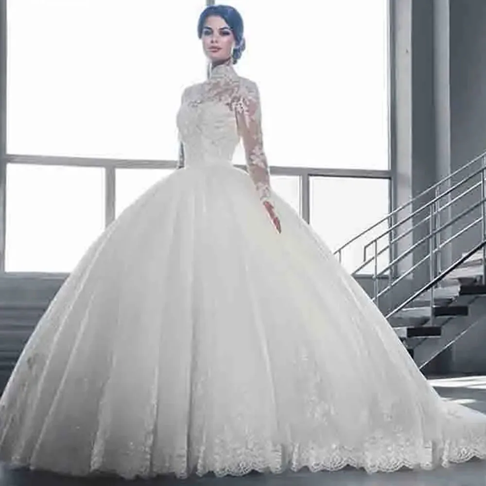 He Mei gyönyörű magas nyakkivágású esküvői ruhák báli ruhák teljes ujjú csipke rátétes menyasszonyi ruha Vestidos de Novia - 0