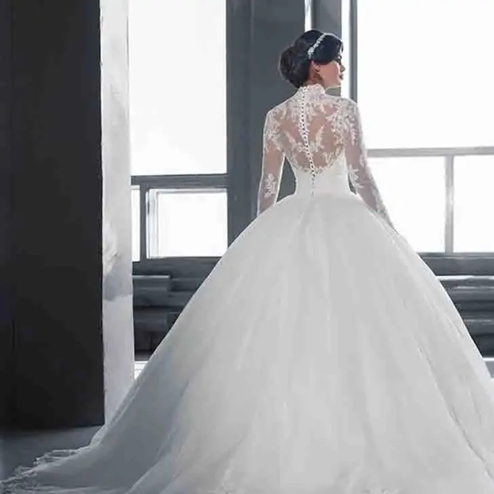 He Mei gyönyörű magas nyakkivágású esküvői ruhák báli ruhák teljes ujjú csipke rátétes menyasszonyi ruha Vestidos de Novia - 1