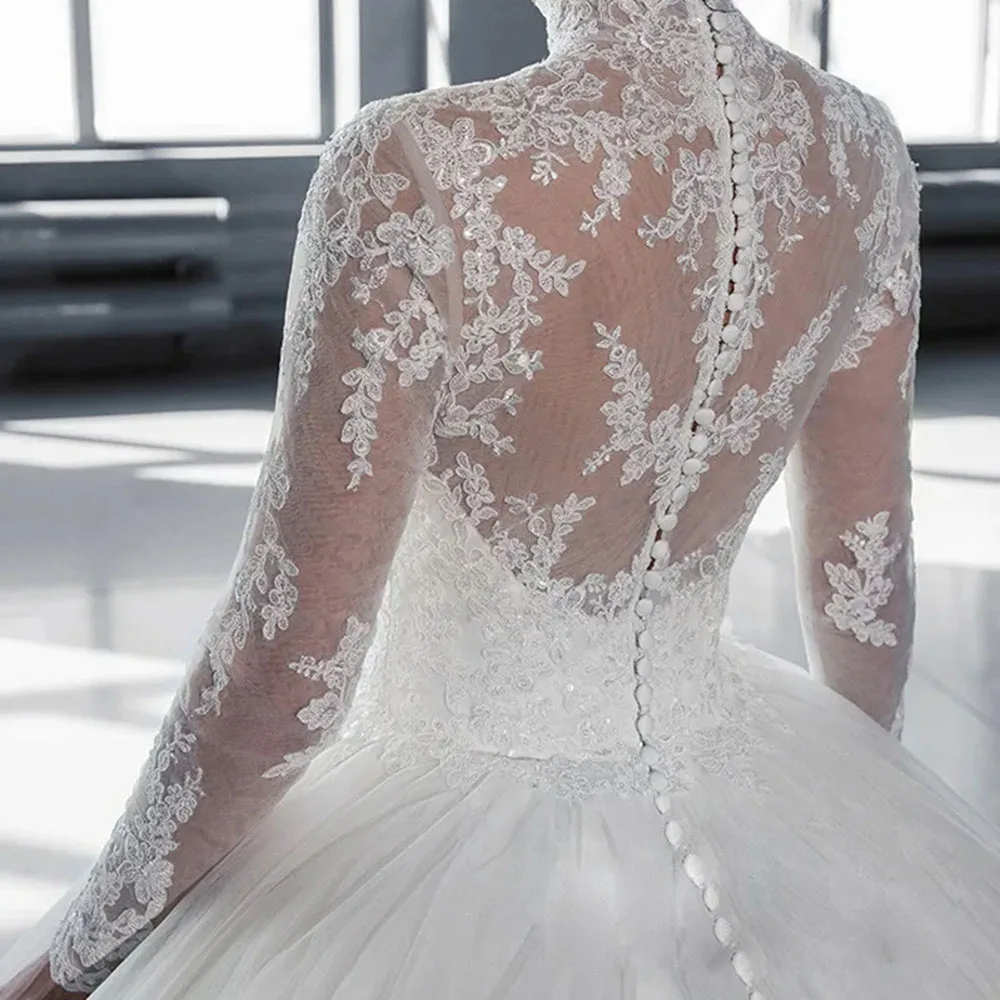 He Mei gyönyörű magas nyakkivágású esküvői ruhák báli ruhák teljes ujjú csipke rátétes menyasszonyi ruha Vestidos de Novia - 3