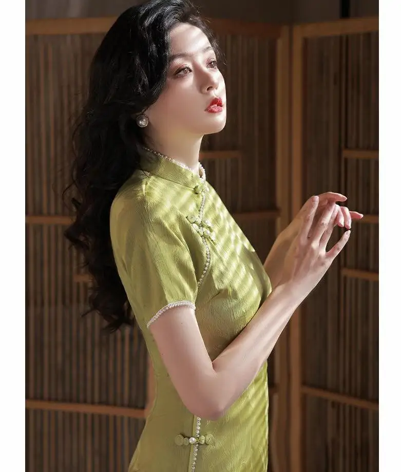 Hivatalos parti bankett Qipao ruha nőknek Tavasz Nyár Kínai szexi Cheongsam vintage stílusú rövid ujjú ruha Vestidos - 2