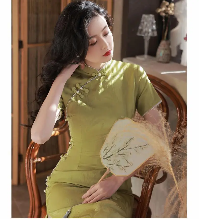 Hivatalos parti bankett Qipao ruha nőknek Tavasz Nyár Kínai szexi Cheongsam vintage stílusú rövid ujjú ruha Vestidos - 3