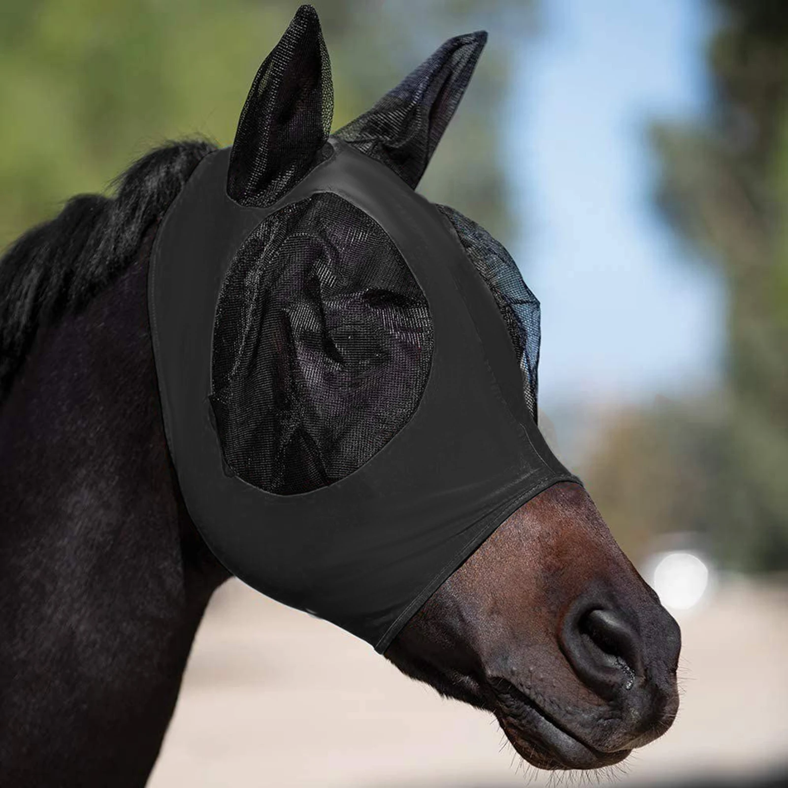 Horse Fly Mask 3D Design kellékek ergonómia Pet nyári szemvédő pajzs szúnyogirtó fül fél arc háló Fly védőburkolat alkatrészek - 0