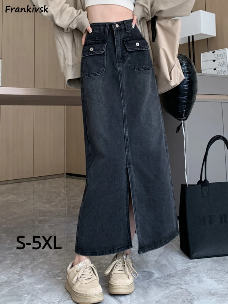 Hosszú szoknyák Nők Nyári koreai stílusú fehérített zsebek Retro Solid Slim Button Szabadidő Egyszerű StreetwearA-line Trendi Faldas Új - 0