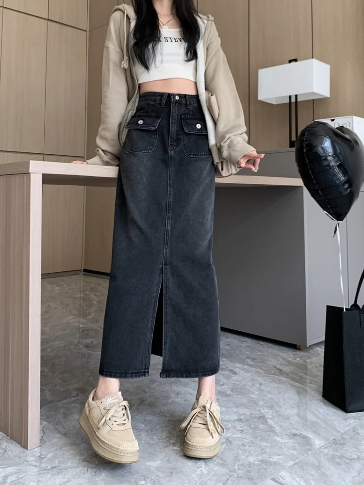 Hosszú szoknyák Nők Nyári koreai stílusú fehérített zsebek Retro Solid Slim Button Szabadidő Egyszerű StreetwearA-line Trendi Faldas Új - 1