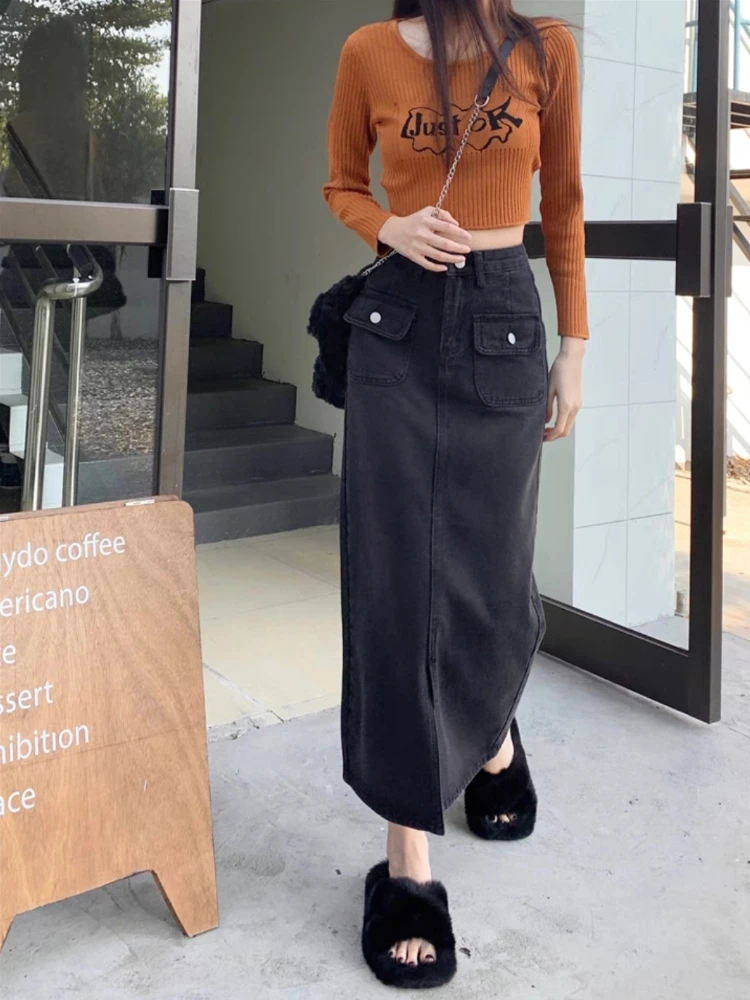 Hosszú szoknyák Nők Nyári koreai stílusú fehérített zsebek Retro Solid Slim Button Szabadidő Egyszerű StreetwearA-line Trendi Faldas Új - 2