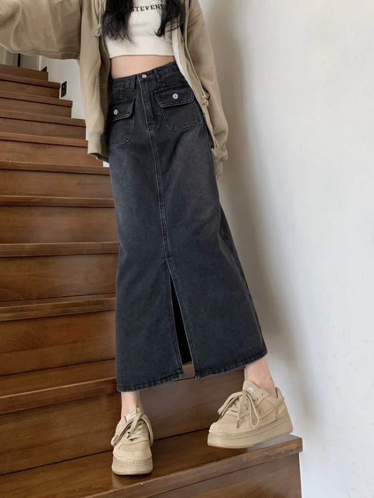 Hosszú szoknyák Nők Nyári koreai stílusú fehérített zsebek Retro Solid Slim Button Szabadidő Egyszerű StreetwearA-line Trendi Faldas Új - 3