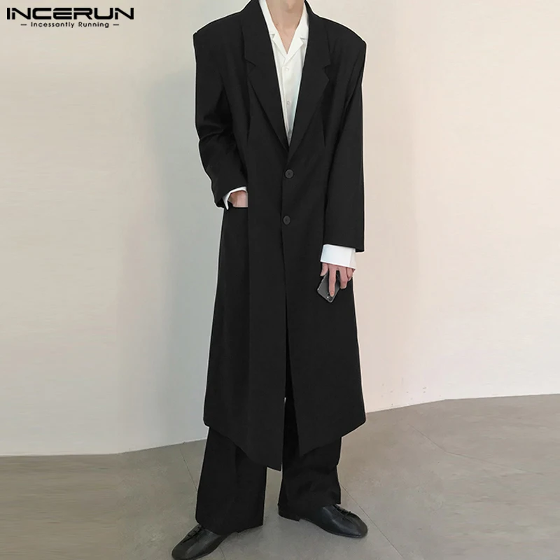 INCERUN 2023 férfi hosszú stílusú blézer hajtóka hosszú ujjú gomb alkalmi öltönyök utcai ruházat koreai egyszínű divat férfi kabátok S-5XL - 0