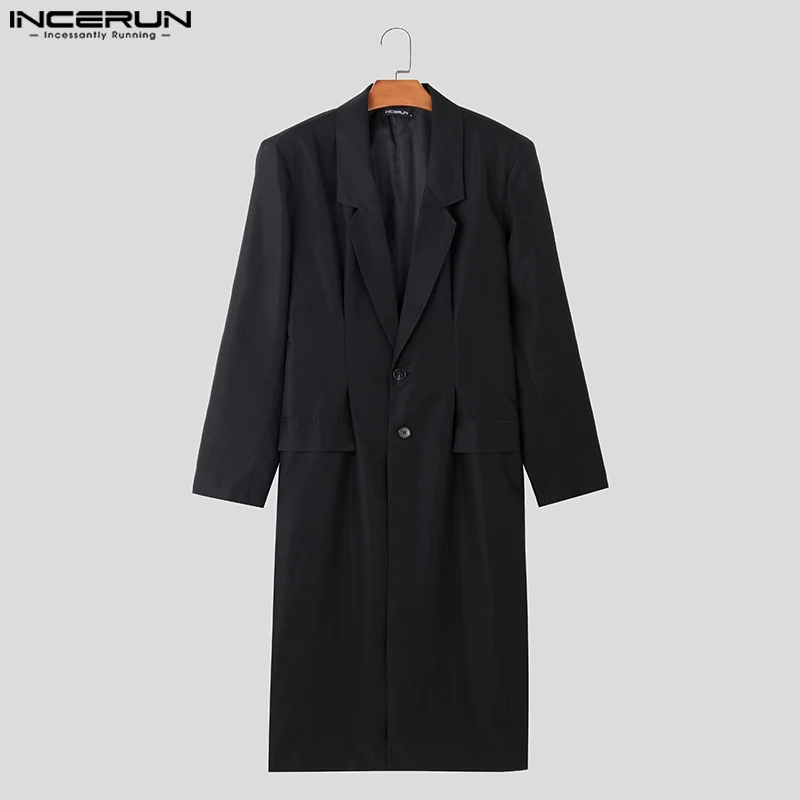 INCERUN 2023 férfi hosszú stílusú blézer hajtóka hosszú ujjú gomb alkalmi öltönyök utcai ruházat koreai egyszínű divat férfi kabátok S-5XL - 3