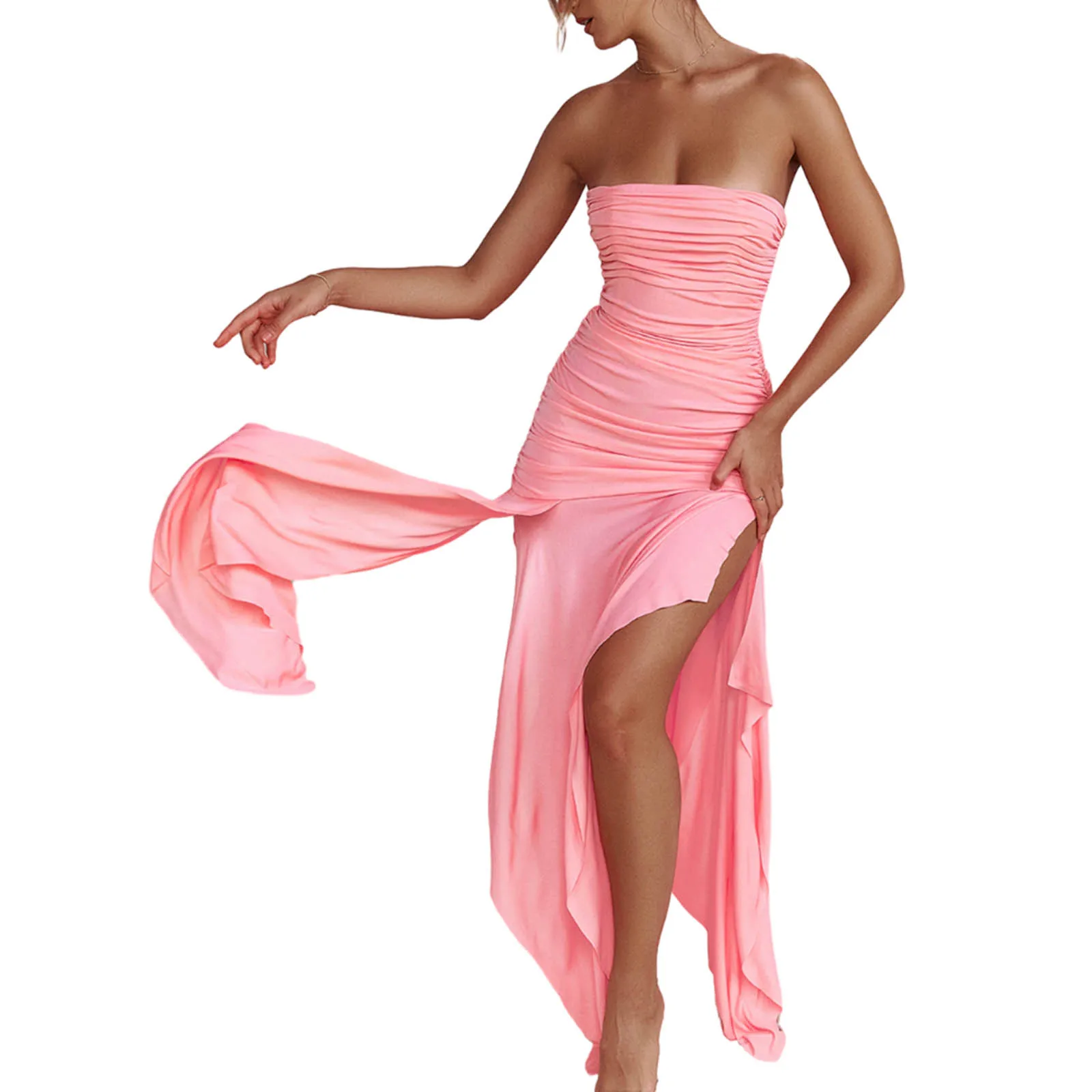 iTranyee Elegant női nyárra szabott csőfelsőruha rózsaszín ujjatlan vállról levett osztott partiruha - 5