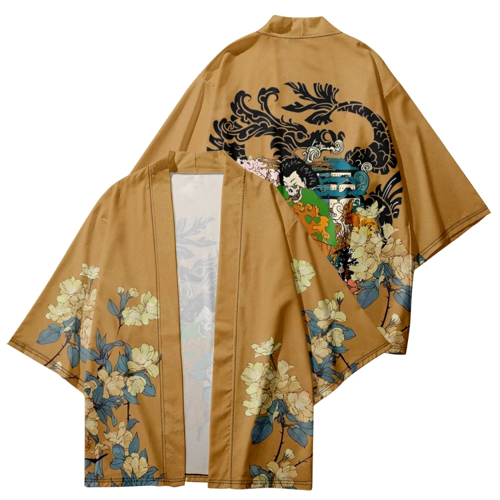 Japán stílusú gésa mintás hagyományos kimonó női férfi Yukata Cardigan ingek Haori túlméretezett streetwear narancssárga felsők - 1