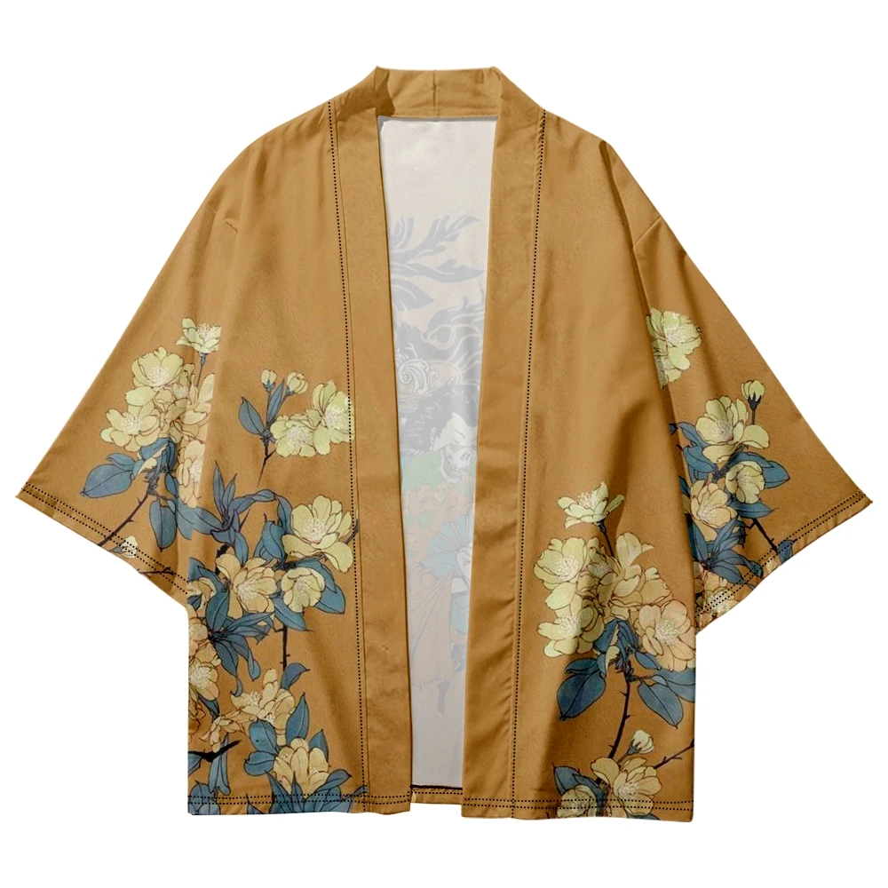 Japán stílusú gésa mintás hagyományos kimonó női férfi Yukata Cardigan ingek Haori túlméretezett streetwear narancssárga felsők - 2