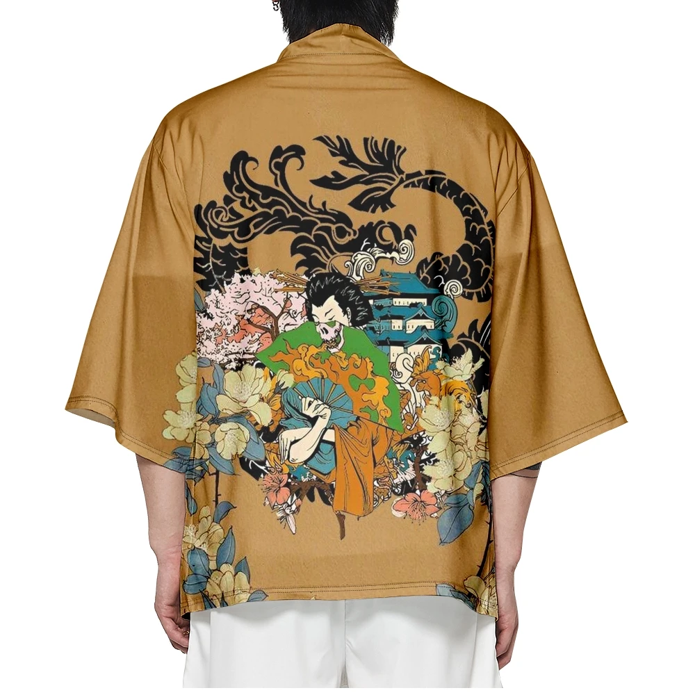 Japán stílusú gésa mintás hagyományos kimonó női férfi Yukata Cardigan ingek Haori túlméretezett streetwear narancssárga felsők - 4