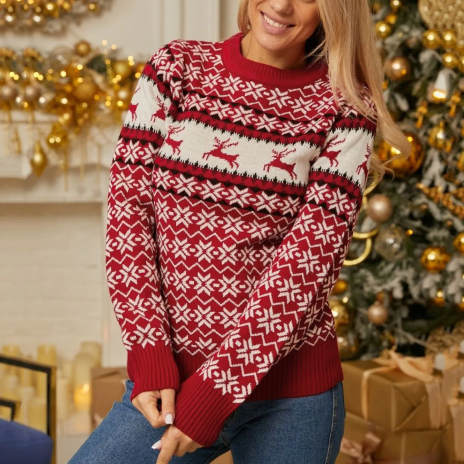 Karácsonyi pulóver női kötött pulóver őszi téli női pulóver hópehely jávorszarvas mintás pulóverek karácsonyi pulóver - 0