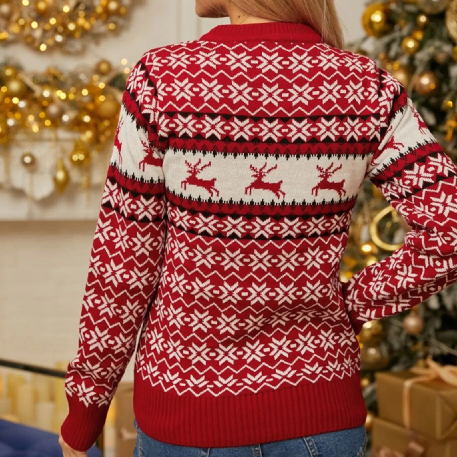 Karácsonyi pulóver női kötött pulóver őszi téli női pulóver hópehely jávorszarvas mintás pulóverek karácsonyi pulóver - 2