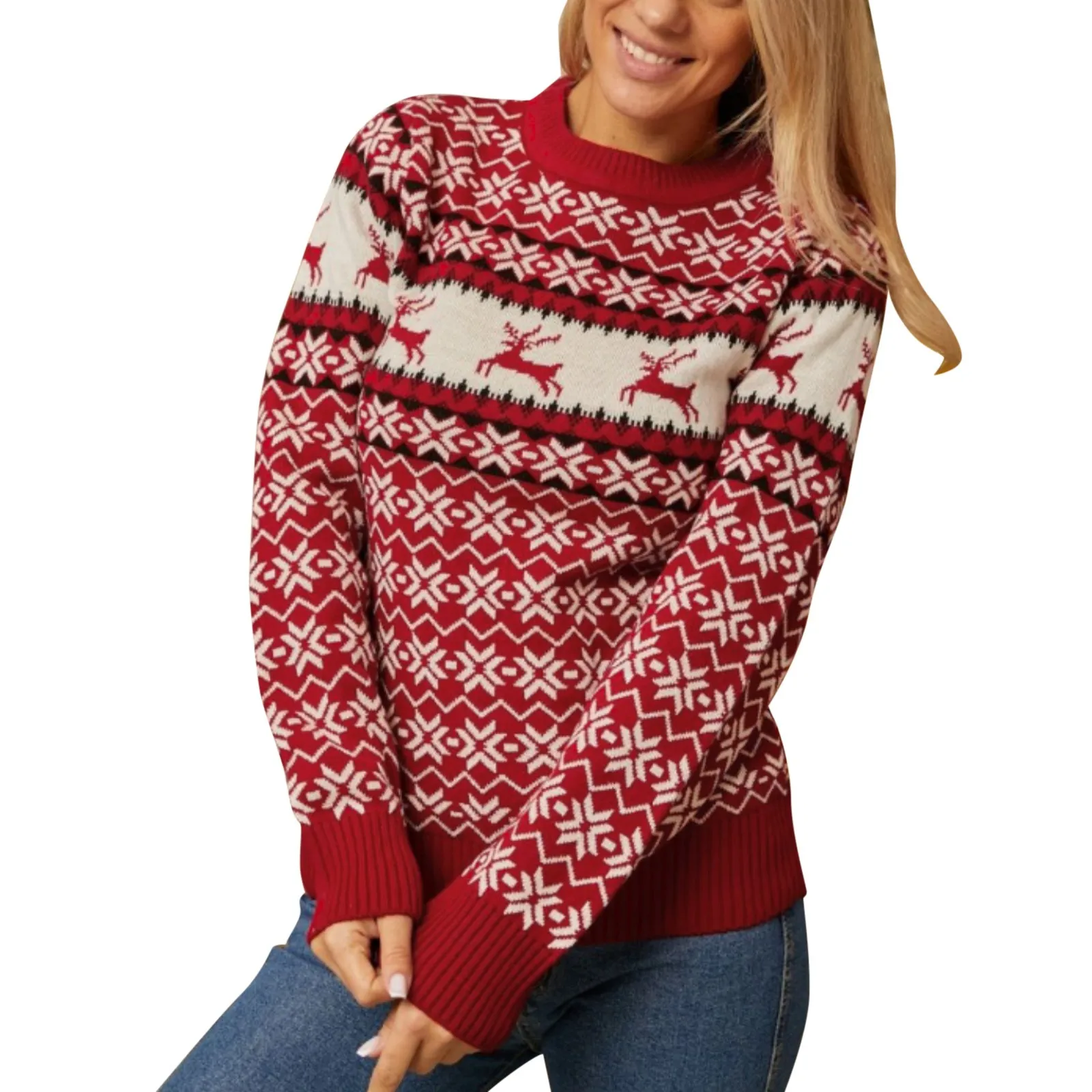 Karácsonyi pulóver női kötött pulóver őszi téli női pulóver hópehely jávorszarvas mintás pulóverek karácsonyi pulóver - 3