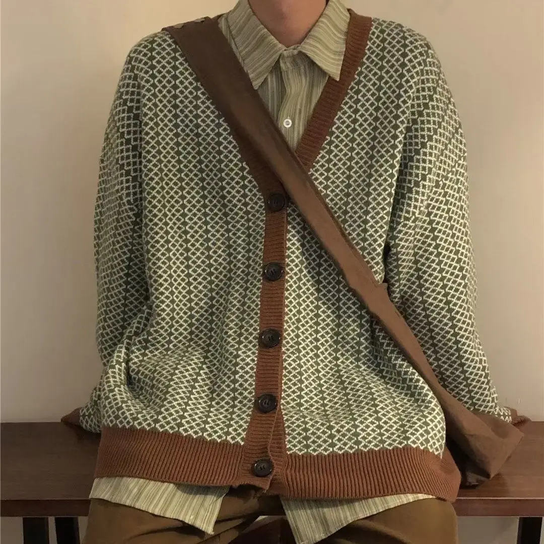 koreai színblokkoló kötött pulóverkabát Oversize tavaszi és őszi laza vintage lusta stílusú pár Cardigan felső ruházat - 0