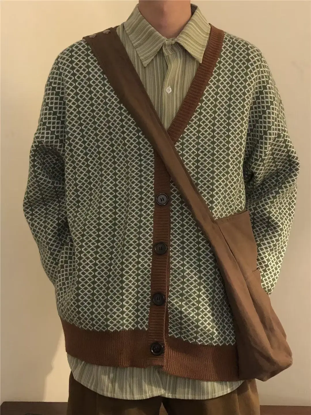 koreai színblokkoló kötött pulóverkabát Oversize tavaszi és őszi laza vintage lusta stílusú pár Cardigan felső ruházat - 3