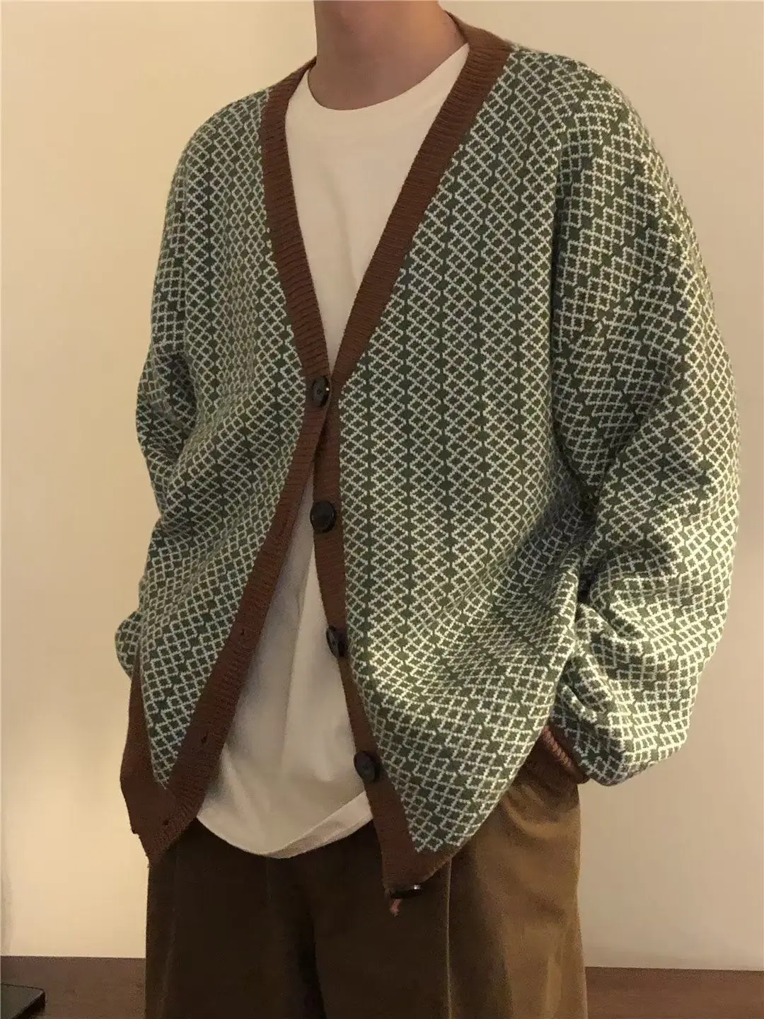 koreai színblokkoló kötött pulóverkabát Oversize tavaszi és őszi laza vintage lusta stílusú pár Cardigan felső ruházat - 4