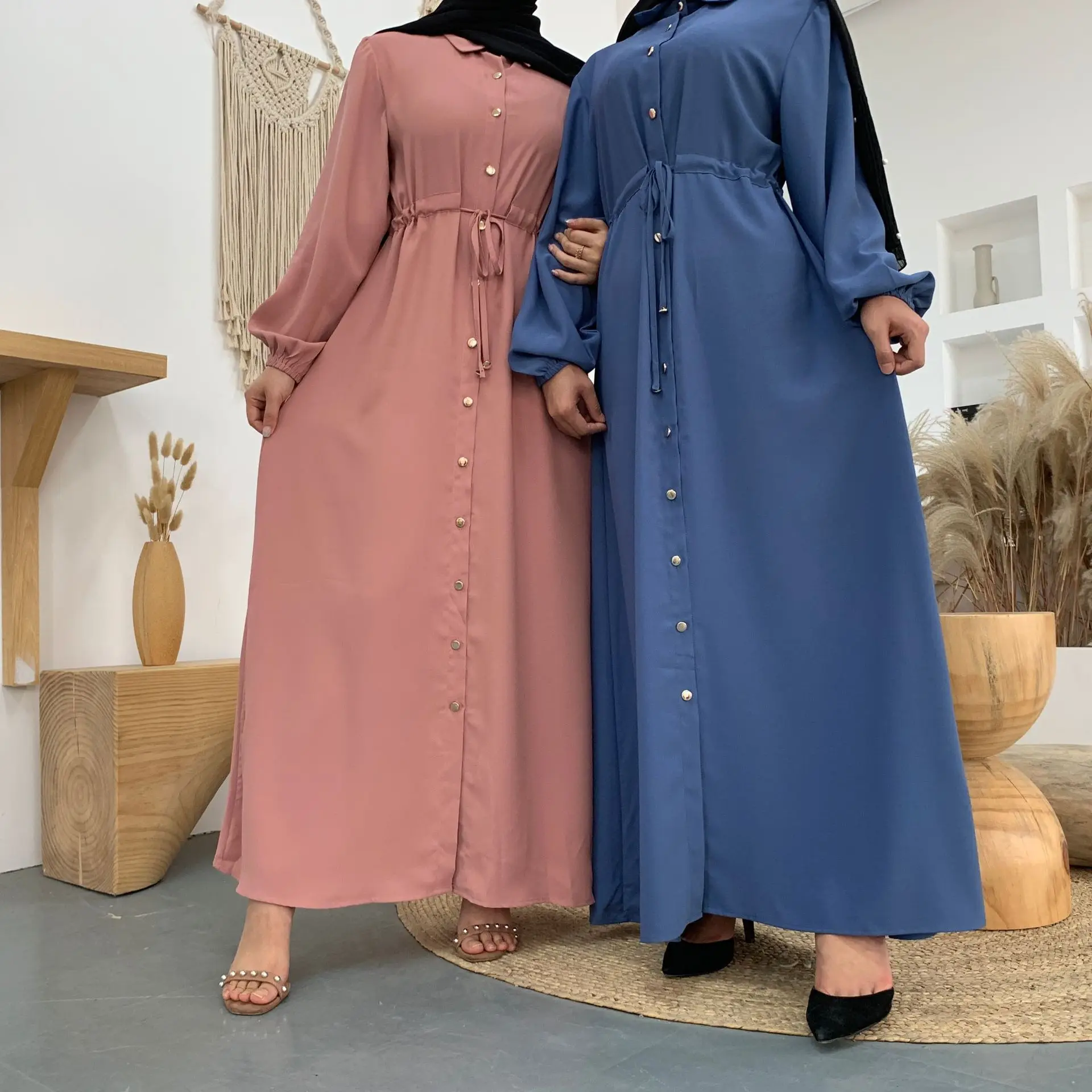 kék hosszú ujjú ruha hajtóka nők Fekete amerikai Korea Európa egyszínű Muszlim lány alkalmi ruházat Iszlám Femme Kaftán köntös - 0