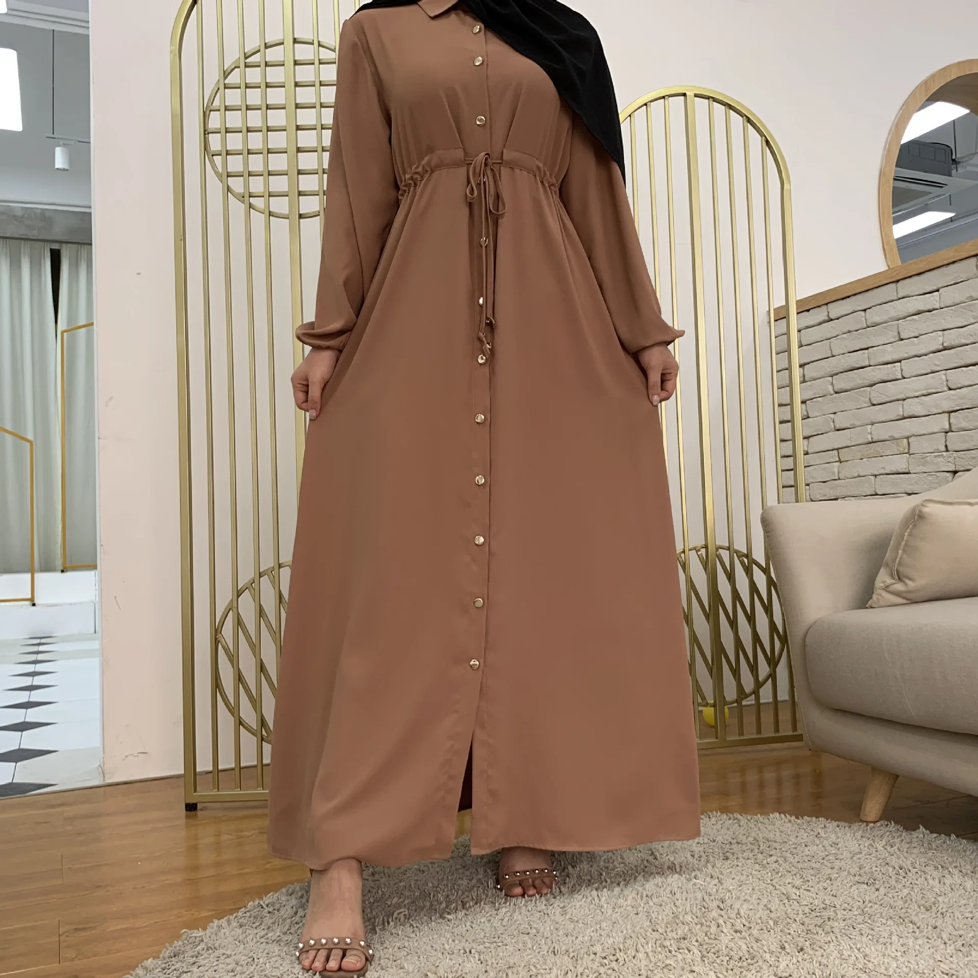 kék hosszú ujjú ruha hajtóka nők Fekete amerikai Korea Európa egyszínű Muszlim lány alkalmi ruházat Iszlám Femme Kaftán köntös - 1