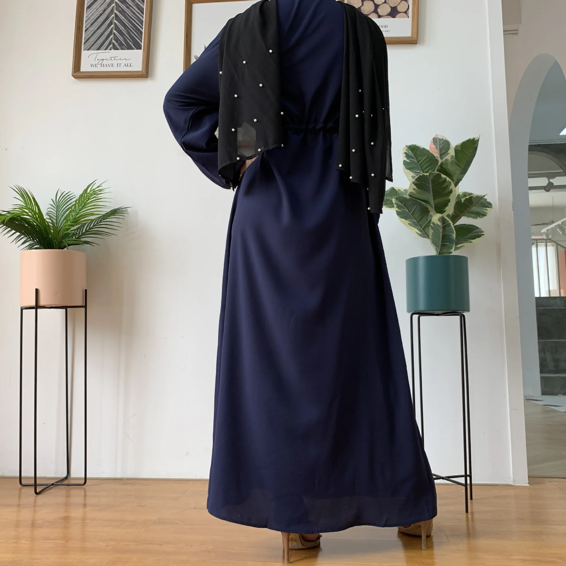 kék hosszú ujjú ruha hajtóka nők Fekete amerikai Korea Európa egyszínű Muszlim lány alkalmi ruházat Iszlám Femme Kaftán köntös - 2