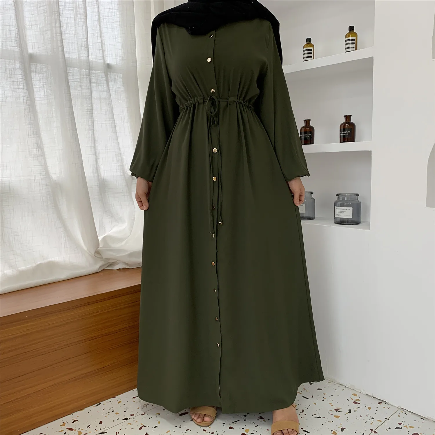 kék hosszú ujjú ruha hajtóka nők Fekete amerikai Korea Európa egyszínű Muszlim lány alkalmi ruházat Iszlám Femme Kaftán köntös - 5
