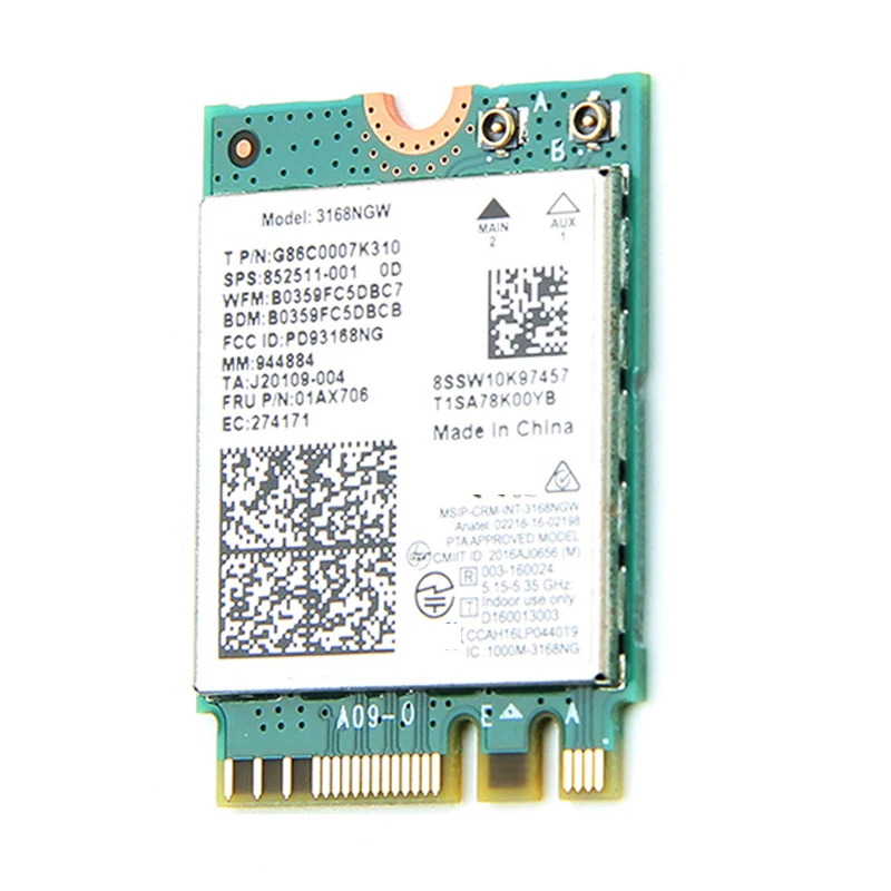 Kétsávos vezeték nélküli Intel 3168 3168NGW 433Mbps Bluetooth 4.2 802.11Ac NGFF WiFi hálózati kártya - 0
