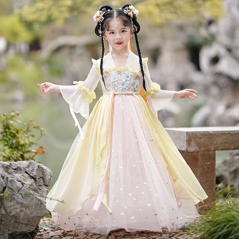 Kínai stílusú flitterek Gyöngyfűzés Virághímzés Ruha Lányok Ősi Hanfu Gyerekek Tündér Cosplay jelmez - 0