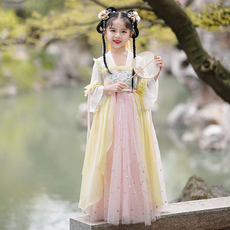Kínai stílusú flitterek Gyöngyfűzés Virághímzés Ruha Lányok Ősi Hanfu Gyerekek Tündér Cosplay jelmez - 1