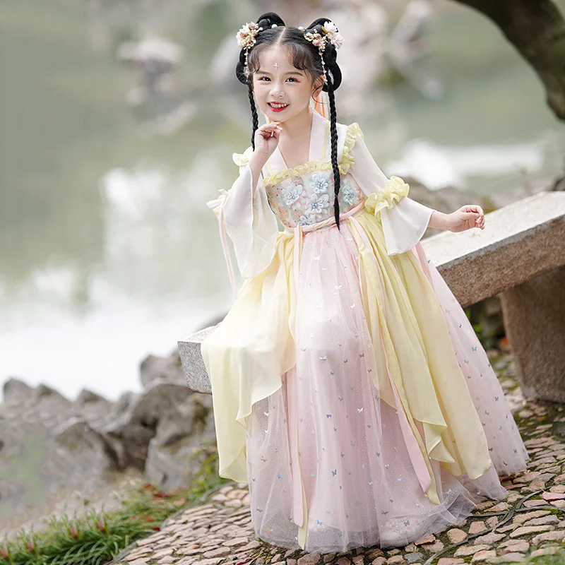 Kínai stílusú flitterek Gyöngyfűzés Virághímzés Ruha Lányok Ősi Hanfu Gyerekek Tündér Cosplay jelmez - 2