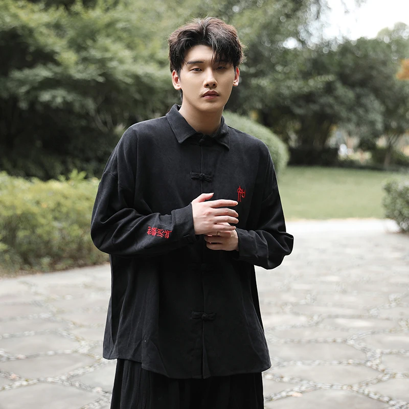 Kínai stílusú férfi szöveg hímzés tömör hajtóka vintage csat Hanfu hosszú ujjú ingkabát férfi alkalmi bő ingdzseki - 2