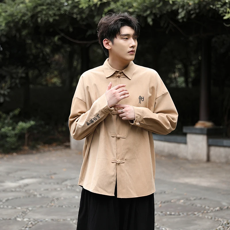 Kínai stílusú férfi szöveg hímzés tömör hajtóka vintage csat Hanfu hosszú ujjú ingkabát férfi alkalmi bő ingdzseki - 3