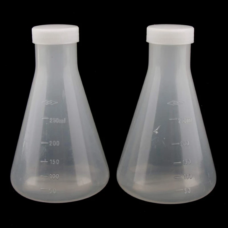 laboratóriumi beosztású műanyag kúpos Erlenmeyer-lombik, mérhető, sima, vastag falú, 4 db 250 ml-es palack - 1