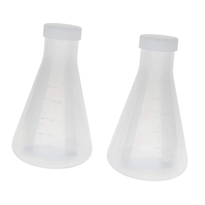 laboratóriumi beosztású műanyag kúpos Erlenmeyer-lombik, mérhető, sima, vastag falú, 4 db 250 ml-es palack - 2