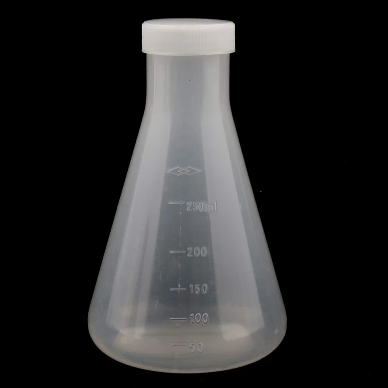 laboratóriumi beosztású műanyag kúpos Erlenmeyer-lombik, mérhető, sima, vastag falú, 4 db 250 ml-es palack - 5