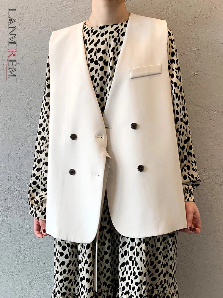 LANMREM Office Lady Vest V nyak ujjatlan dupla mellű csipke egyszínű kabát alkalmi női 2023 ősz Új 2AA1534 - 0