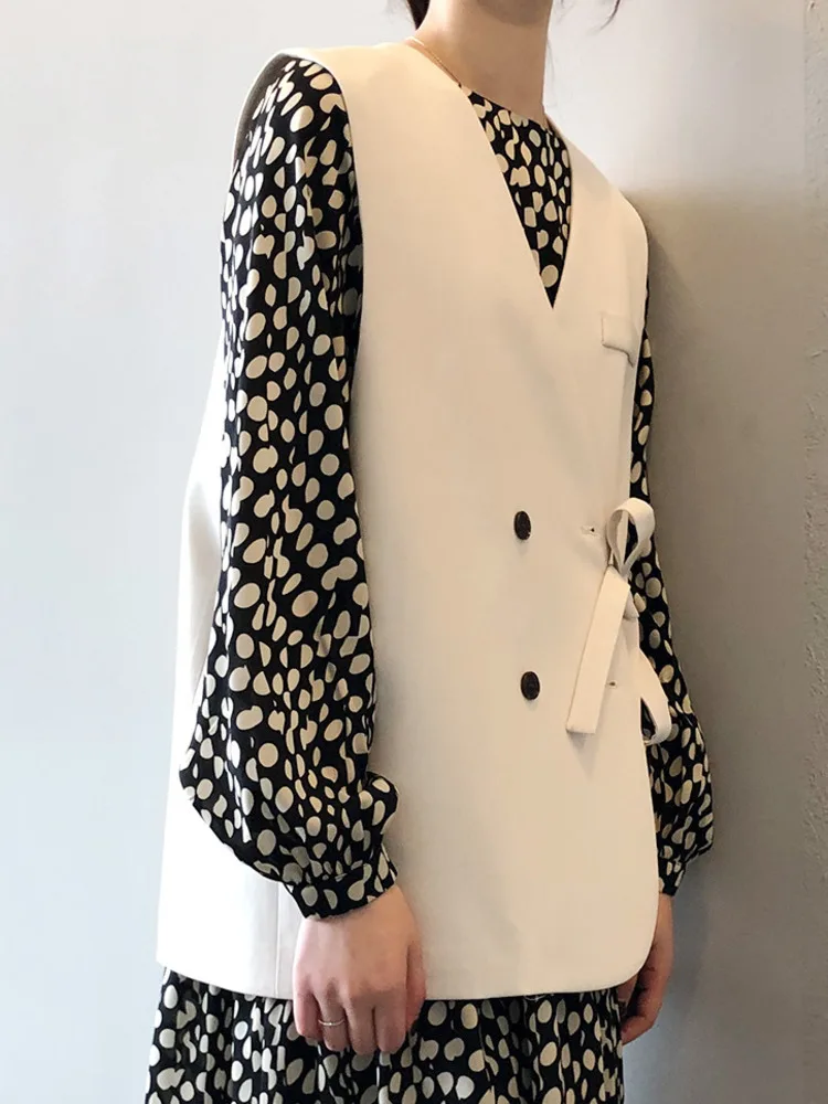 LANMREM Office Lady Vest V nyak ujjatlan dupla mellű csipke egyszínű kabát alkalmi női 2023 ősz Új 2AA1534 - 2