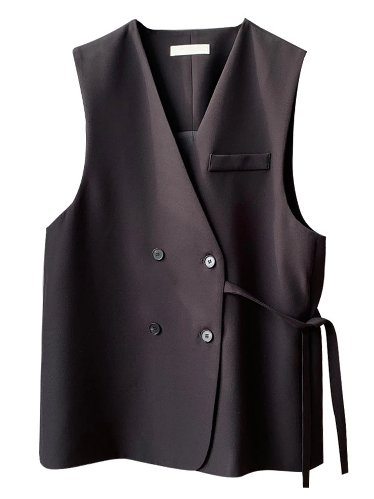 LANMREM Office Lady Vest V nyak ujjatlan dupla mellű csipke egyszínű kabát alkalmi női 2023 ősz Új 2AA1534 - 4