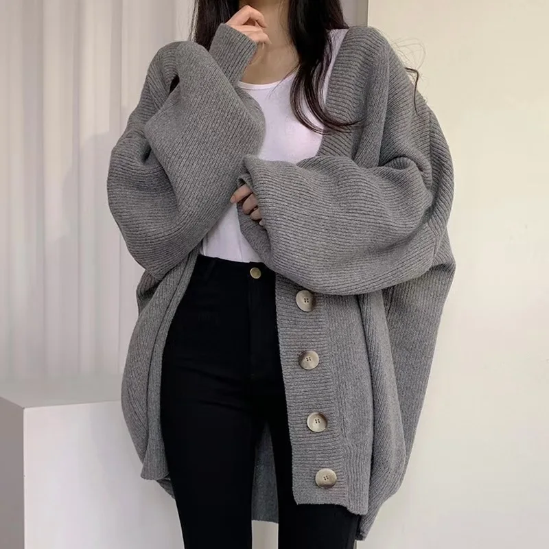Lazy Loose Chic Cardigan nőknek Ősz Tél Ok-okozati túlméretes Új pulóverekben Felsőruházat Fekete koreai divat kötöttáru kabát - 0